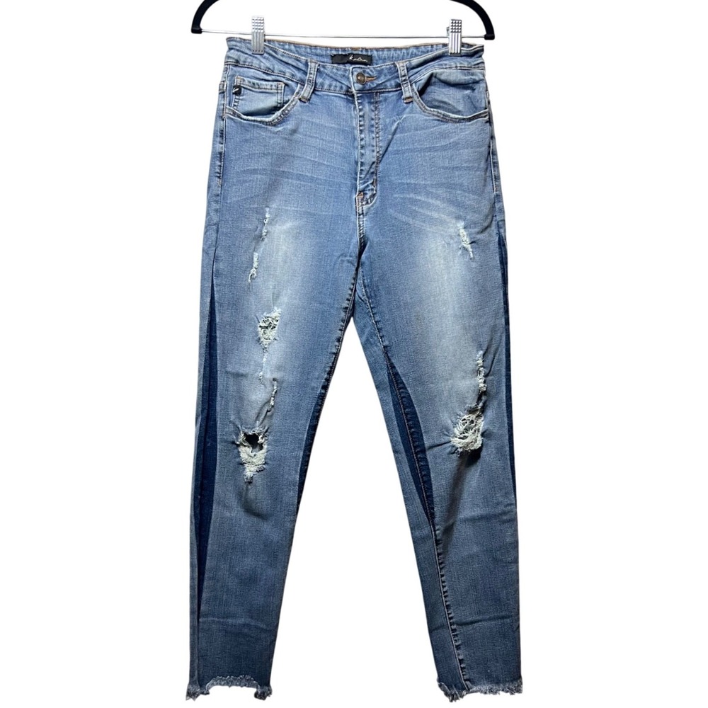 KanCan Distressed Jeans High Rise‎ Frayed Hem Dark Wash Detail Size 15
